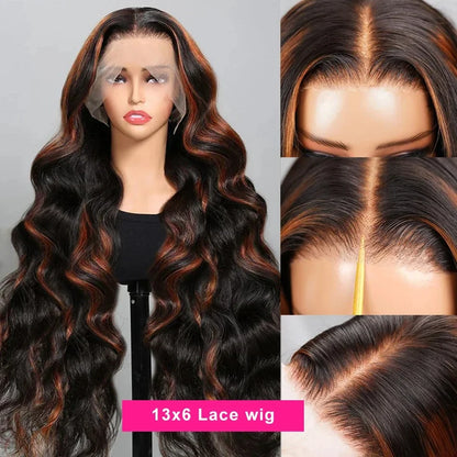 Ombre Highlight Body Wave Wig – 13x4 Lace Front, 1B/30 Black Brown HD Brazilian Human Hair Wig for Women