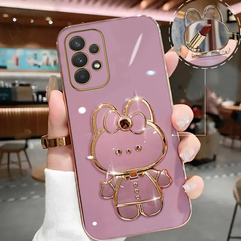 Cute Rabbit Phone Holder Case with Makeup Mirror – Compatible with Samsung Galaxy A13/A23/A32/A33/A52/A52S/A53/A72/A73 4G & 5G for Women