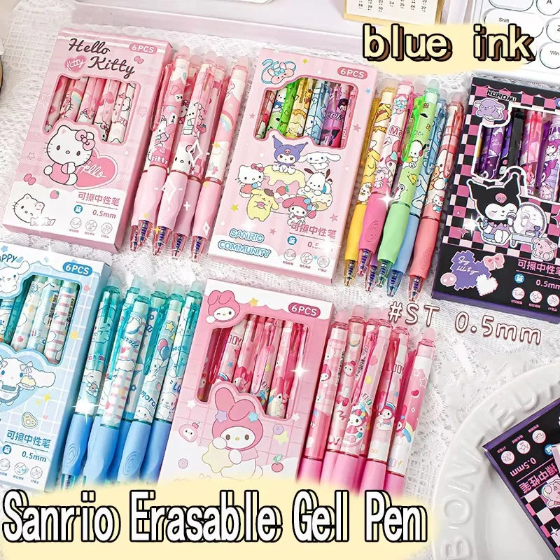 6PCS Sanrio Erasable Gel Pens – Pochacco, Kuromi, Cinnamoroll & Hello Kitty Neutral Ballpoint Pens for Students & Office