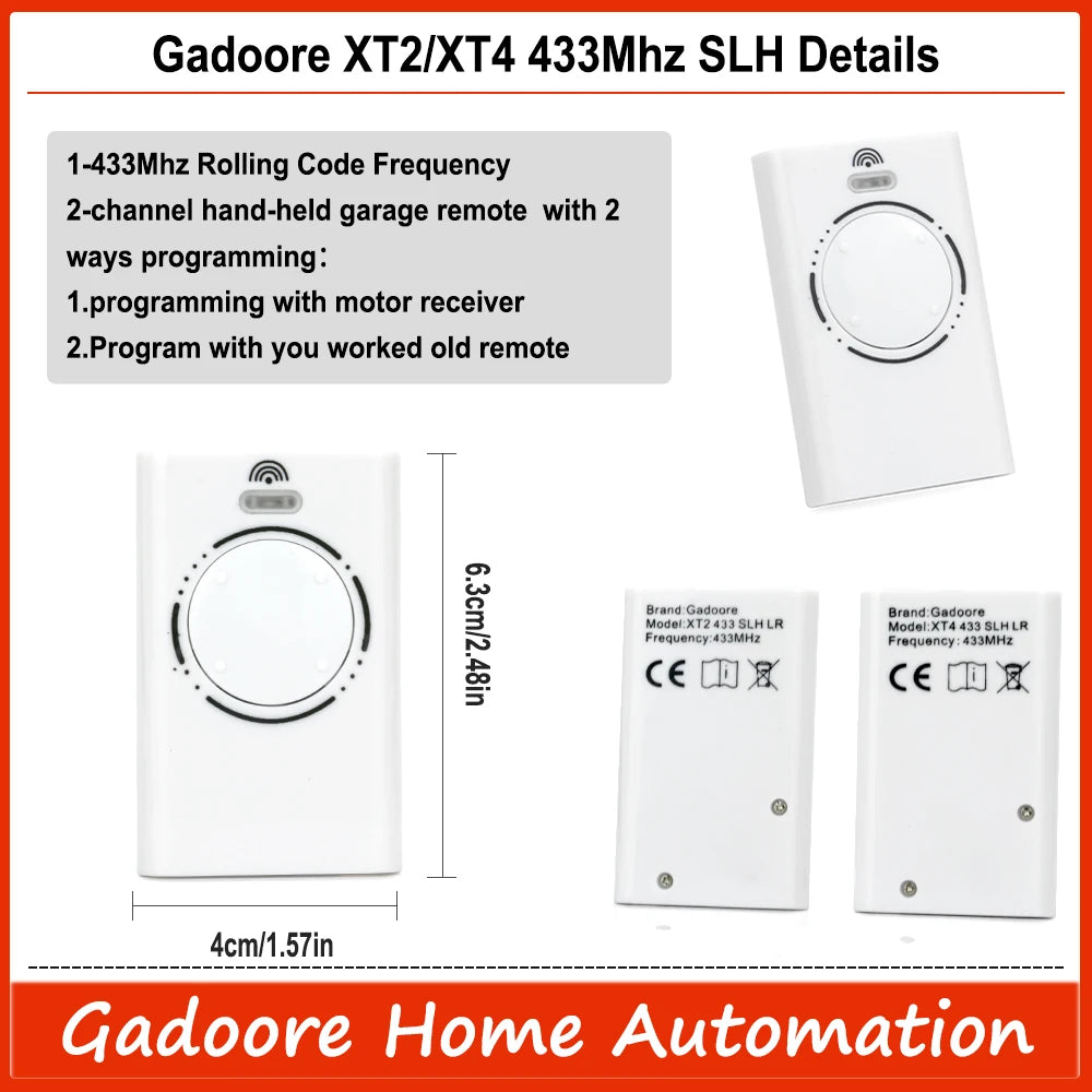 Gadoore XT2 XT4 433MHz SLH LR Garage Door & Gate Remote | Compatible with XT2/XT4 SLH & SLH LR