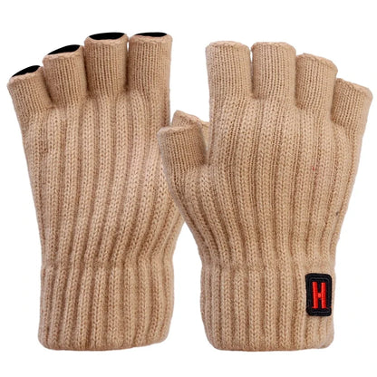 Knitted Thermal Fingerless Gloves for Men & Women – Thick Warm Wool Half Finger Touchscreen Winter Driving Mittens