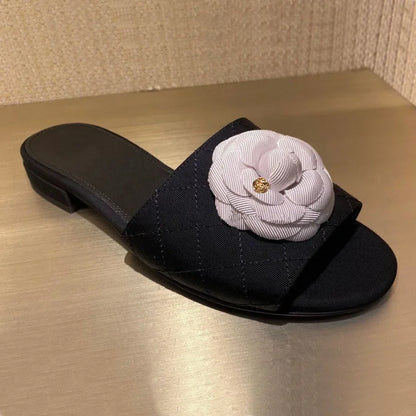 Luxury Women’s Flower Slippers — Camellia Open-Toe Slides for Home & Outdoor, Ladies Flip Flop Sandals
