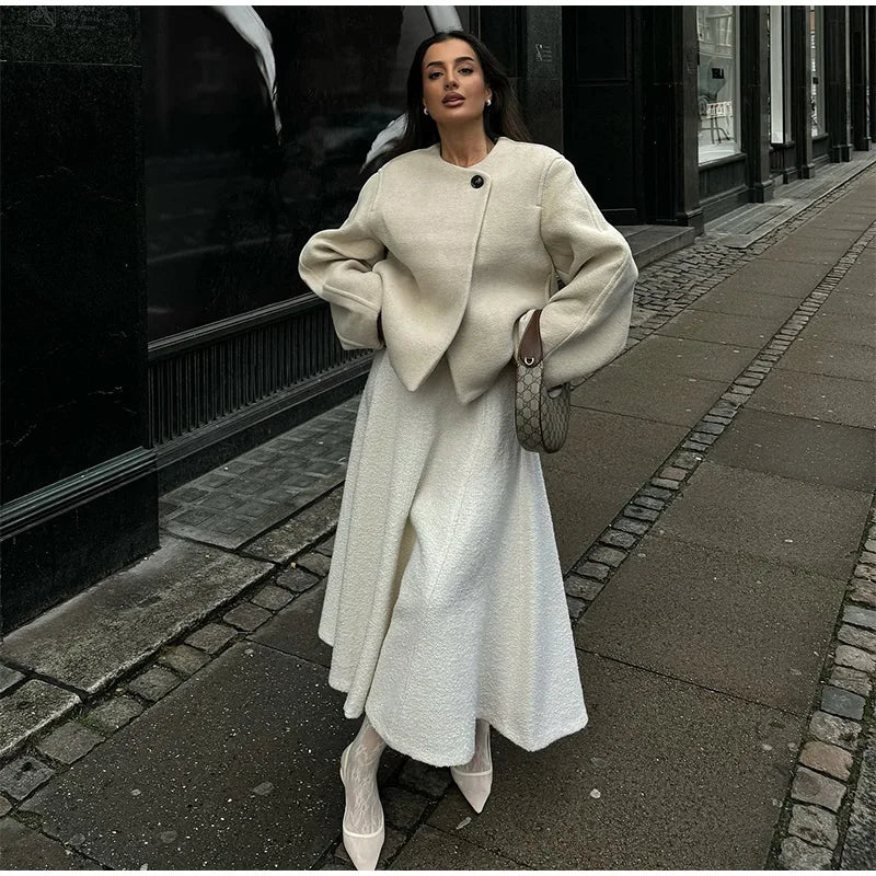 2024 Women's Elegant Solid Wool Blend Cardigan Coat – Round Neck, Single Button, Long Sleeve High Street Outwear