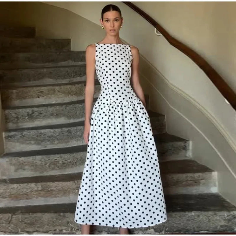 Elegant Women’s Polka Dot Maxi Dress – Chic Sleeveless Round Neck High Waist Slim Fit Vestido for Party & Street, 2025 New