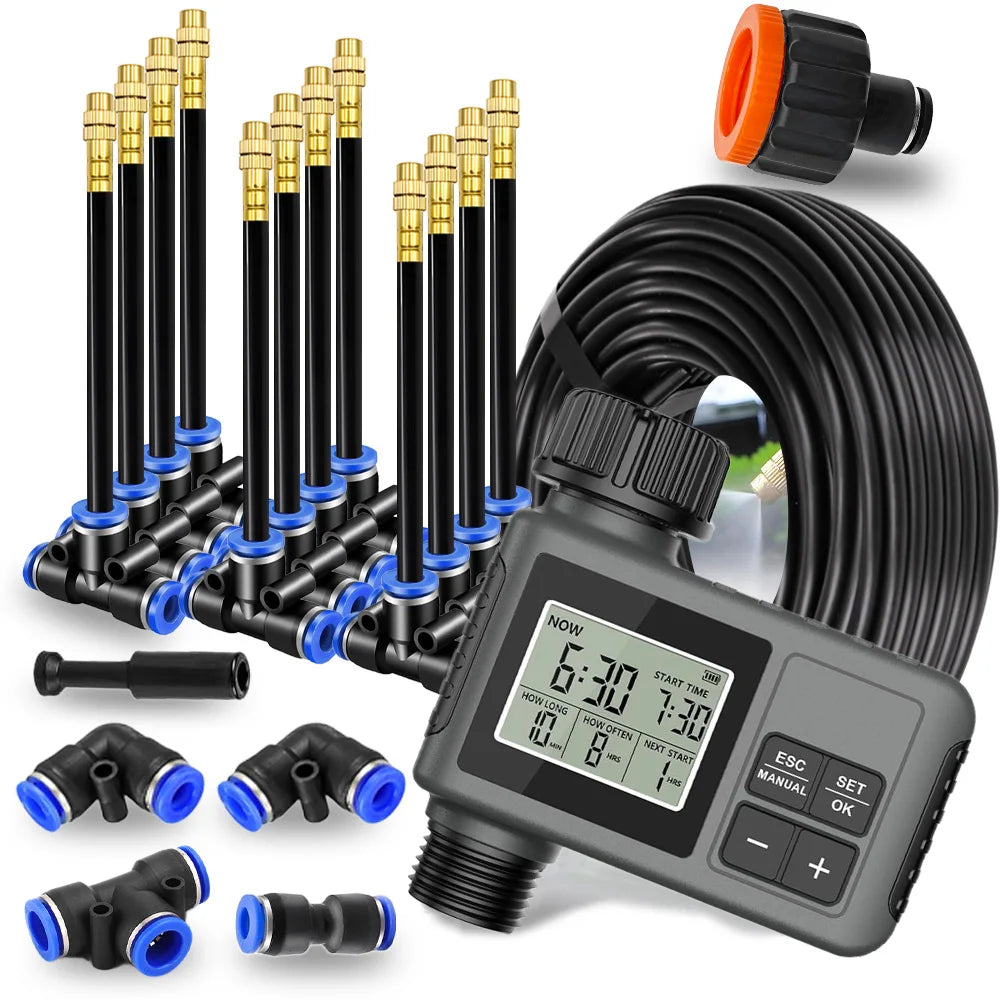 Garden Programmable Misting Timer System – 360° Adjustable Atomizer Nozzles, Outdoor Cooling & Watering Sprinkler Kit