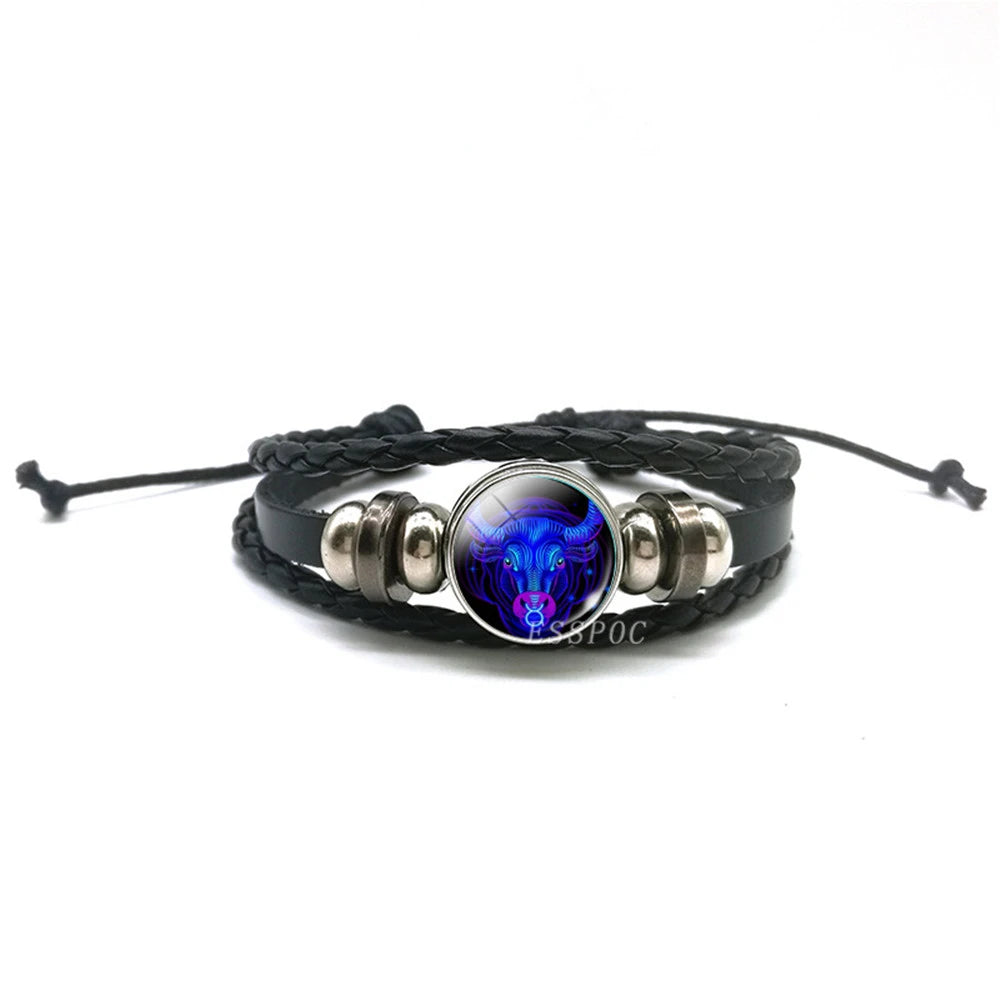 Men’s Zodiac Sign Leather Bracelet | 12 Constellation Black Braided Wrap | Punk Style Multilayer Bracelet for Birthday Gifts