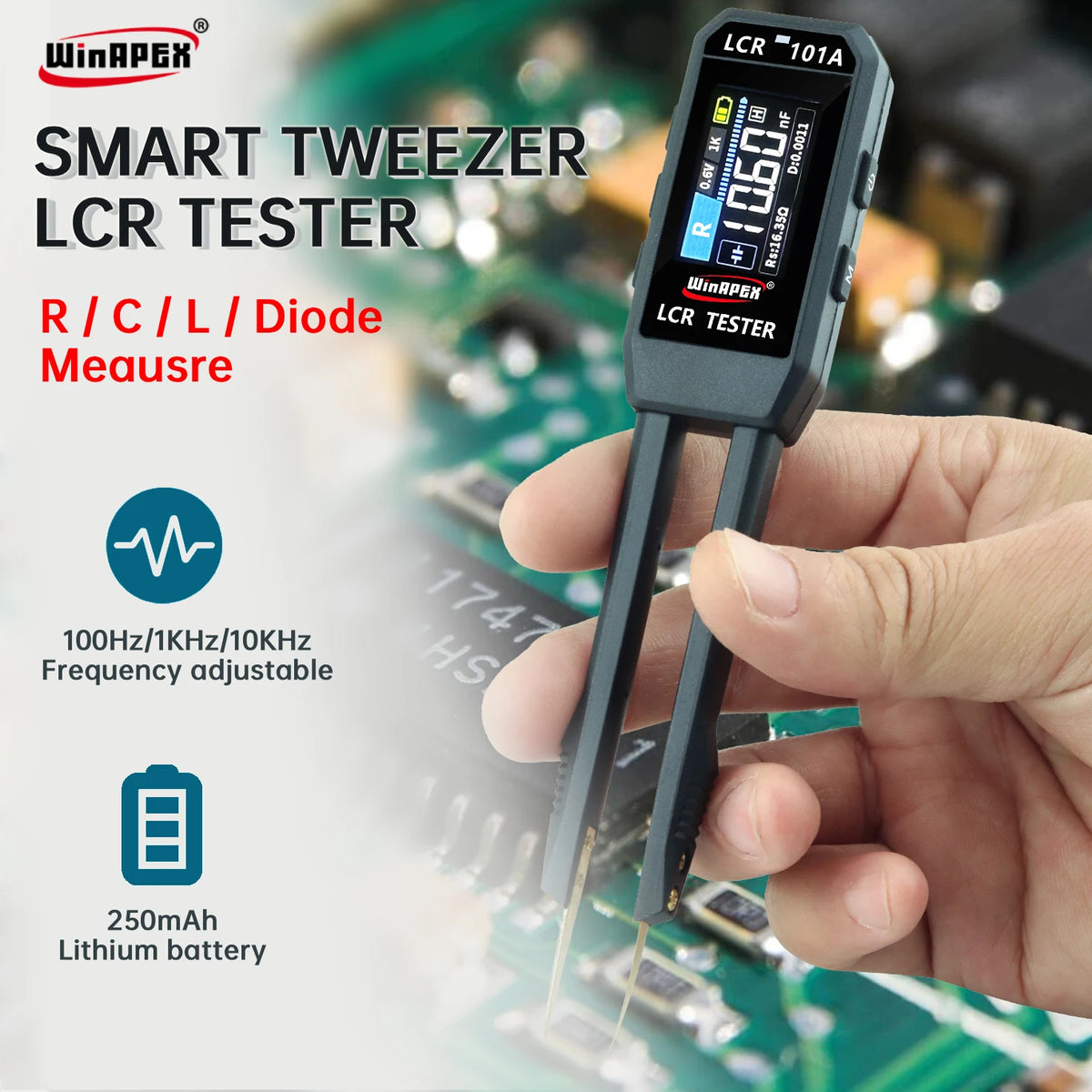LCR-101A Digital LCR Bridge Tester - 10kHz Rechargeable SMD Component Tester for Resistors, Capacitors, Diodes & Inductors