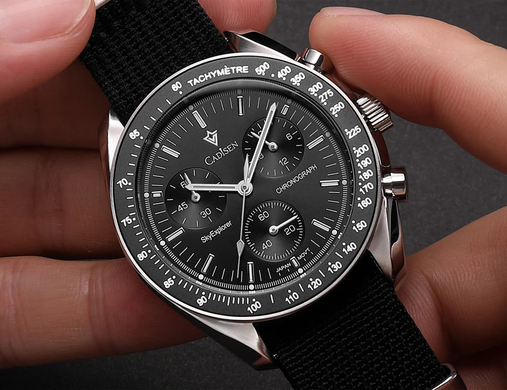 CADISEN Men's Luxury Watch – Quartz VK68 Chronograph, Sapphire AR Crystal, Canvas Strap Speed Style Wristwatch