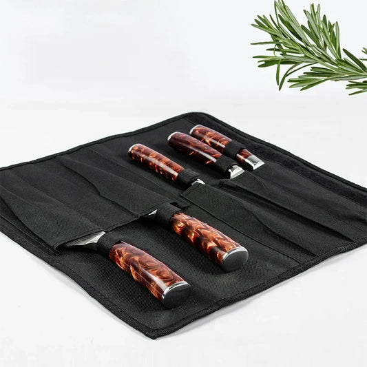 Black Chef Knife Roll Bag – 5-Pocket Oxford Fabric Portable Kitchen Knife Storage & Carrying Case for Cooking Tools