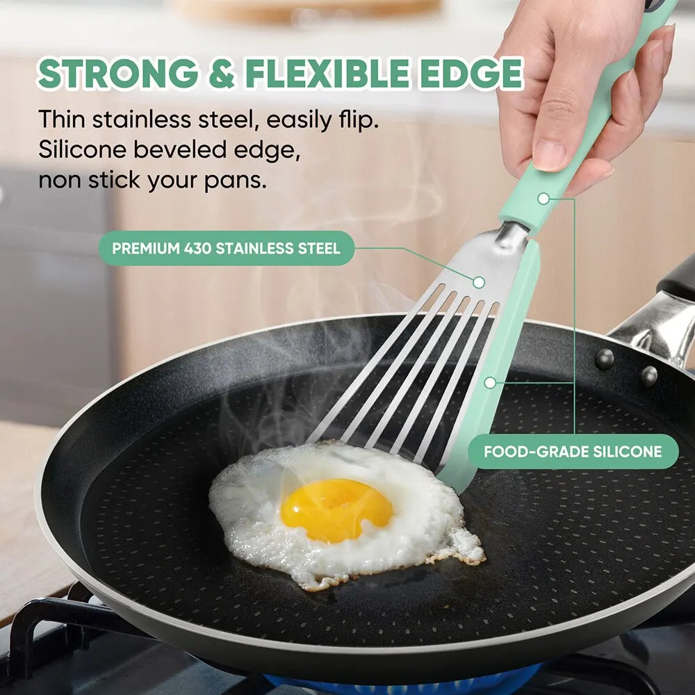 Silicone-Edged Fish Spatula - Stainless Steel, Heat-Resistant, Slotted Turner for Cooking