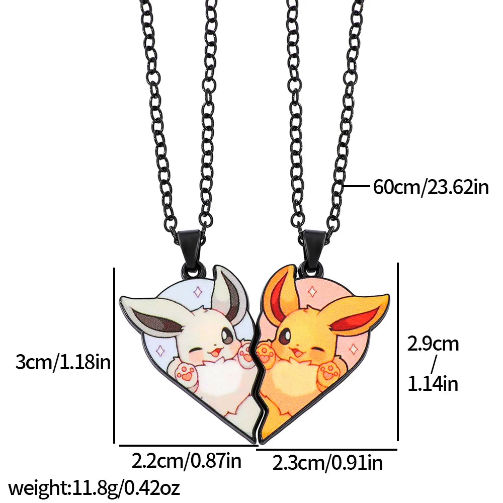 Eevee Pendant Necklace - 2-Piece Cute Cartoon Heart Patchwork Anime-Style Metal Jewelry Set