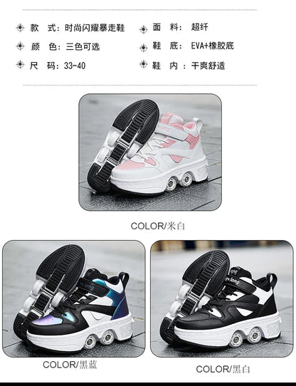 Women's High-Top 4-Wheel Roller Shoes – Fashionable Unisex Pop-Up Sneakers with Wheels, Dual-Purpose Skating & Casual Shoes