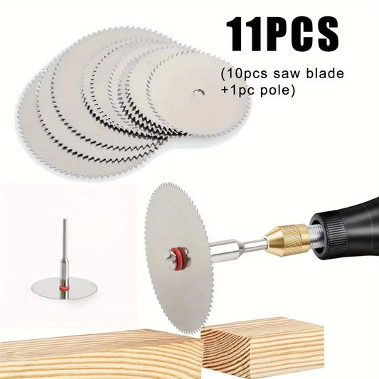 11PCS Mini Circular Saw Blade Set – Precision Cutting Discs with Adapter Rod for Wood & Metal (22–32mm)