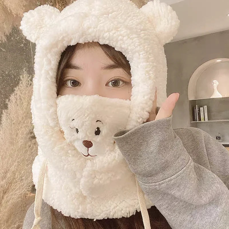 Winter Cartoon Bear Lamb Hat with Mask – Thickened Warm Beanie with Ear Protection for Women & Girls