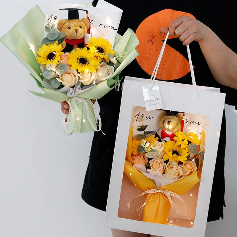 DIY Simulated Flower Bouquet – Crochet Sunflower Finished Product, Graduation, Doctoral, Valentine’s Day & Birthday Gift with Bear