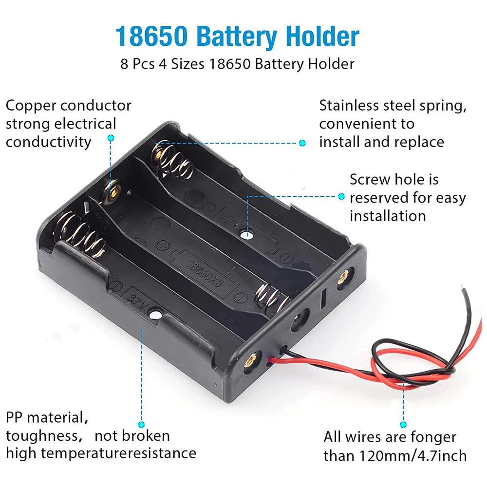 3PCS 18650 Battery Holder Box - 1 Slot 3.7V Storage Case with Black & Red Wires for 1/2/3/4 Cells