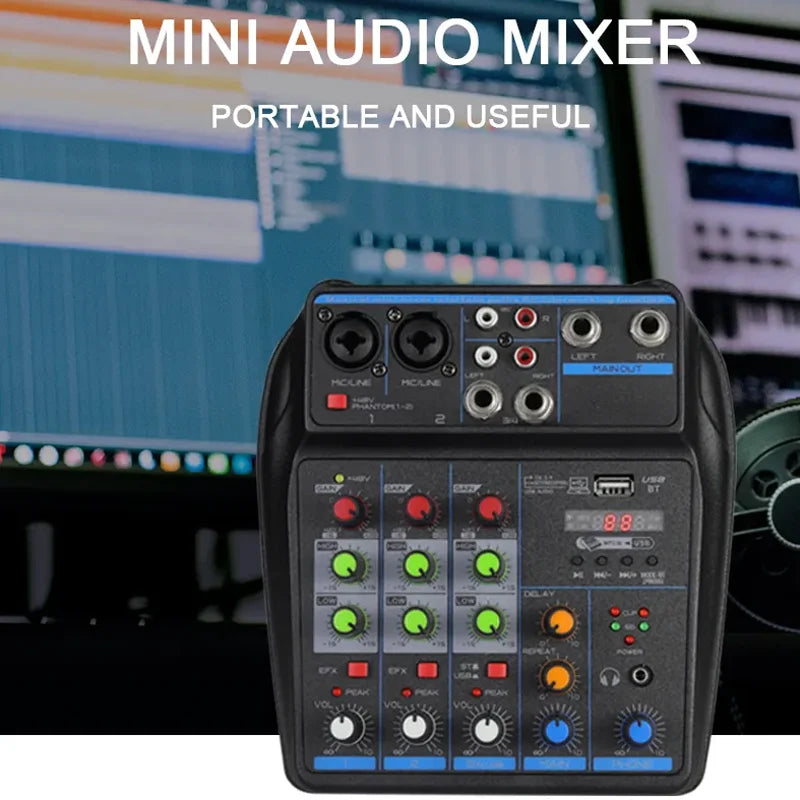 4-Channel DJ Mixer Console with Bluetooth – USB Audio Mixer, 48V Phantom Power, Karaoke Monitor System