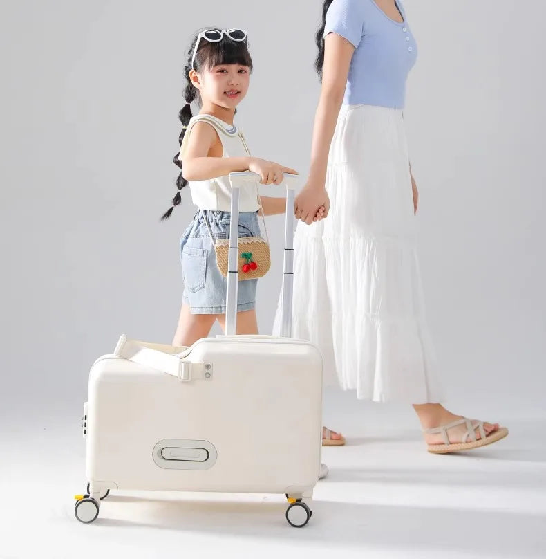 18-Inch Foldable Kids Suitcase with Seat – Lightweight PC Luggage for Boys & Girls, Compact Travel Pedal Boarding Case