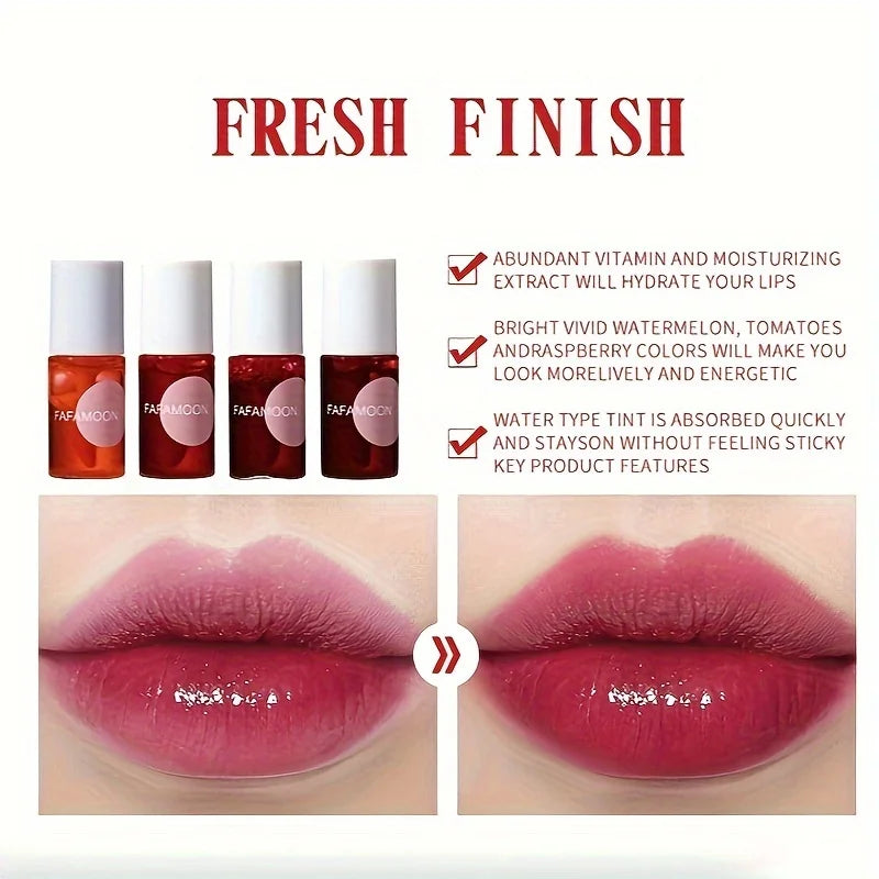 4-Color Fruity Lip Tint – Moisturizing, Waterproof, High-Pigment Liquid Lip Gloss, Non-Stick & Long-Lasting