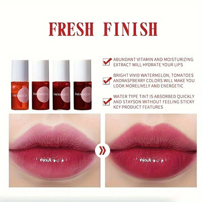 4-Color Fruity Lip Tint – Moisturizing, Waterproof, High-Pigment Liquid Lip Gloss, Non-Stick & Long-Lasting