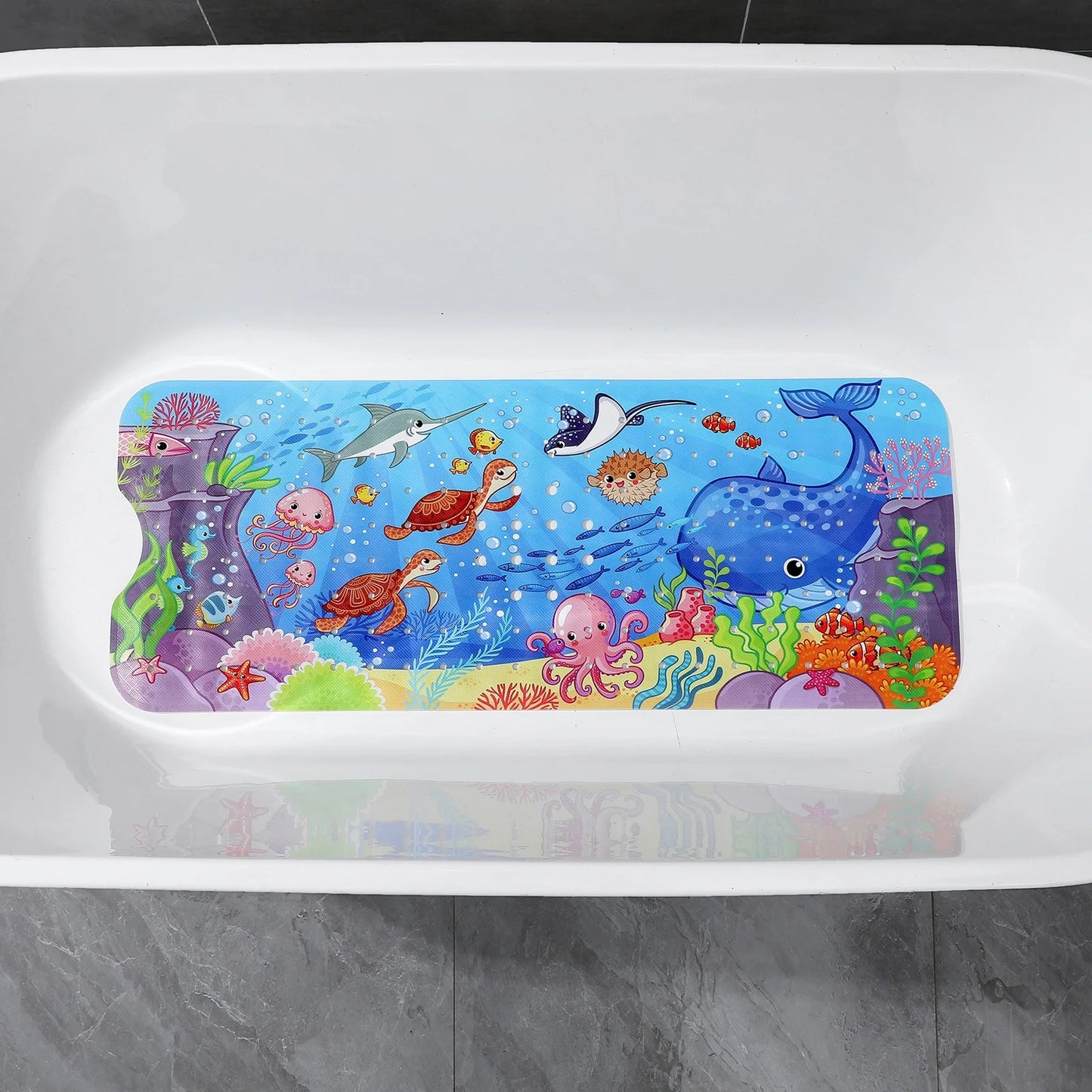 40x100cm Cartoon Sea World Anti-Skid Bath Mat – Soft Non-Slip Shower Mat with Suction Cups for Kids & Elderly