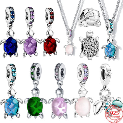 925 Silver Plated Murano Glass Sea Turtle Dangle Charm - Colorful Pink & Blue Jewelry for Women's Bracelet