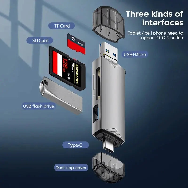 6 in 1 Multifunction USB 3.0 Card Reader: U Disk Type C/Micro USB/TF/SD Flash Drive Memory Card Reading Adapter - Phone Accessories