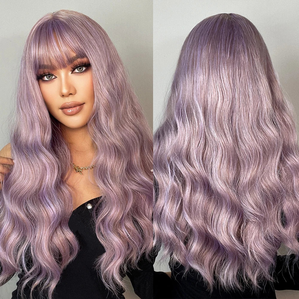 Copper Ginger Red Brown Synthetic Wig – Long Fluffy Wavy Wig with Bangs, Heat-Resistant Cosplay & Daily Wear Hair for Women