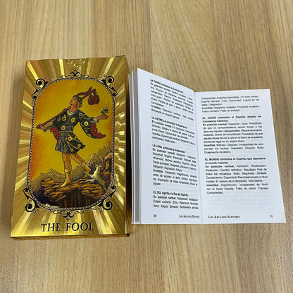 Spanish & English Golden Foil Tarot Deck – 12x7cm Prophecy Cards for Beginners with 2-Language Guidebook