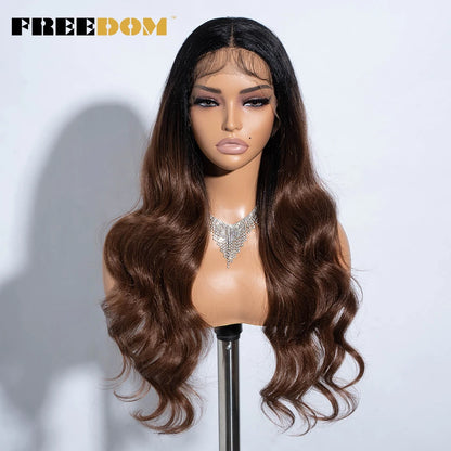 FREEDOM 26-Inch Synthetic Lace Front Wig for Women — Honey Brown Body Wave with Ombre Blonde Highlights, Cosplay & Fashion Wig