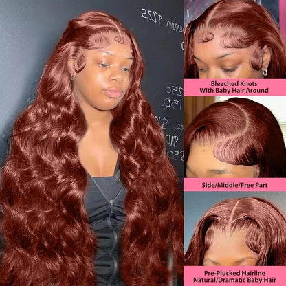 Reddish Brown 13x6 Lace Front Wig – Pre-Plucked 180% Density Body Wave, Auburn Colored Human Hair Lace Frontal Wig