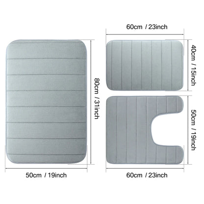 3PC Set Non-Slip Memory Foam Bath Mats - Soft, Water Absorbent, Quick-Dry, Machine Washable Floor Rugs