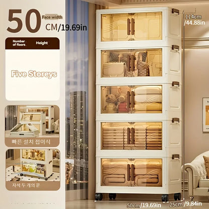 Foldable Multi-Layer Storage Box with Wheels — Plastic Cabinet for Clothes, Books & Kitchen Organization