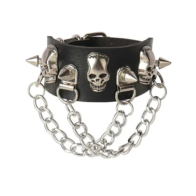 Punk Rock Hip Hop PU Leather Bracelet – Unisex Skull, Pentagram & Rivet Chain Bracelet, Trendy Party Jewelry Accessory