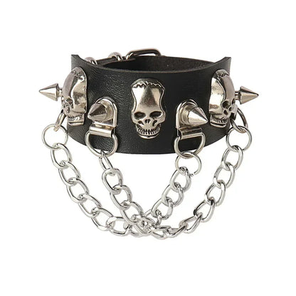Punk Rock Hip Hop PU Leather Bracelet – Unisex Skull, Pentagram & Rivet Chain Bracelet, Trendy Party Jewelry Accessory