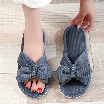 Women’s Corduroy Bow Slippers – Soft Casual Home Shoes, Silent Light EVA Anti-Slip Herringbone Slippers for Autumn & Winter