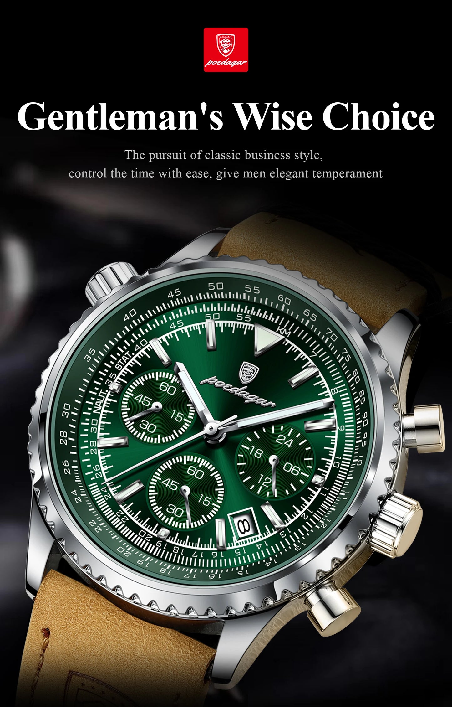 POEDAGAR Luxury Men's Quartz Watch Waterproof Luminous Date Chronograph Leather Military Sports Wristwatch