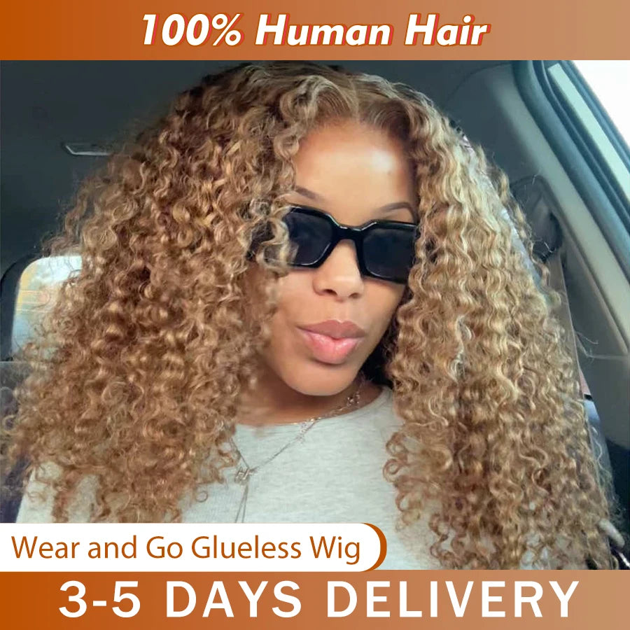 Deep Wave Honey Blonde Glueless Human Hair Wig — Pre-Cut HD Lace Front Ombre Curly Wig for Women