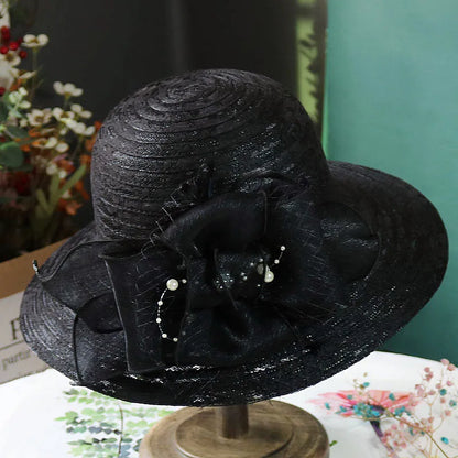 Women’s Elegant Mesh Sun Hat – Pearl Flower Foldable Beach Hat with Large Brim, Lace & Breathable Design for Spring and Summer