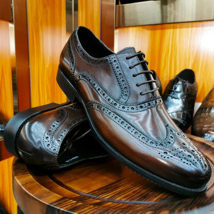 Men’s Genuine Leather Wingtip Oxford Shoes - Luxury Brogue Lace-Up Black and Brown Business Wedding Dress Shoes