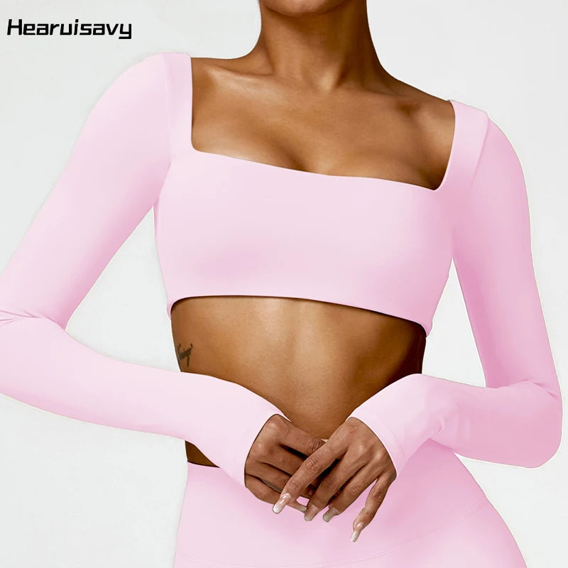 Hearuisavy Women’s Quick-Dry Sports Crop Top - Square Neck Long Sleeve Gym, Yoga, and Fitness Shirt