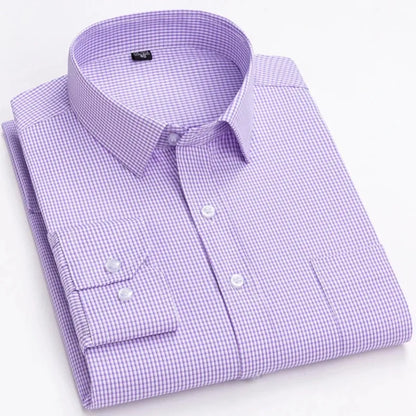 Men’s Plaid Stripe Long Sleeve Shirt - Casual Business Formal Office Shirt with Single Pocket for All Seasons