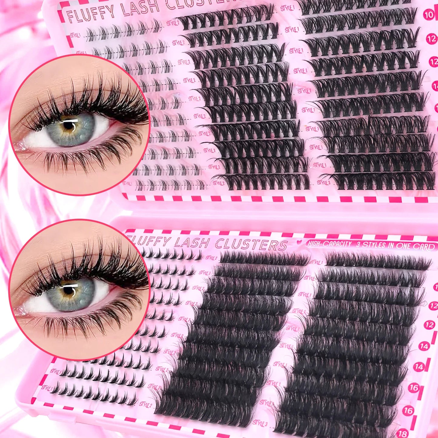 Top & Bottom Lash Extension Kit – 250/740 Cluster Fluffy Volume Mix Lengths DIY Eyelash Set for Bold Bombshell & Natural Lash Looks