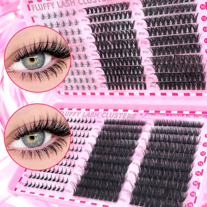 Top & Bottom Lash Extension Kit – 250/740 Cluster Fluffy Volume Mix Lengths DIY Eyelash Set for Bold Bombshell & Natural Lash Looks
