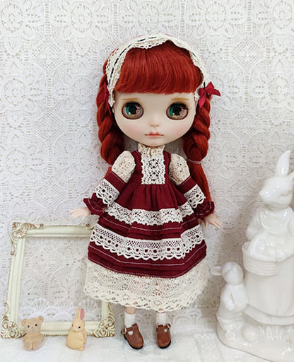 Blythe Doll Clothes – Wine Red & White Princess Dress with Lace for YMY, Licca, Azone OB24/OB27 Dolls