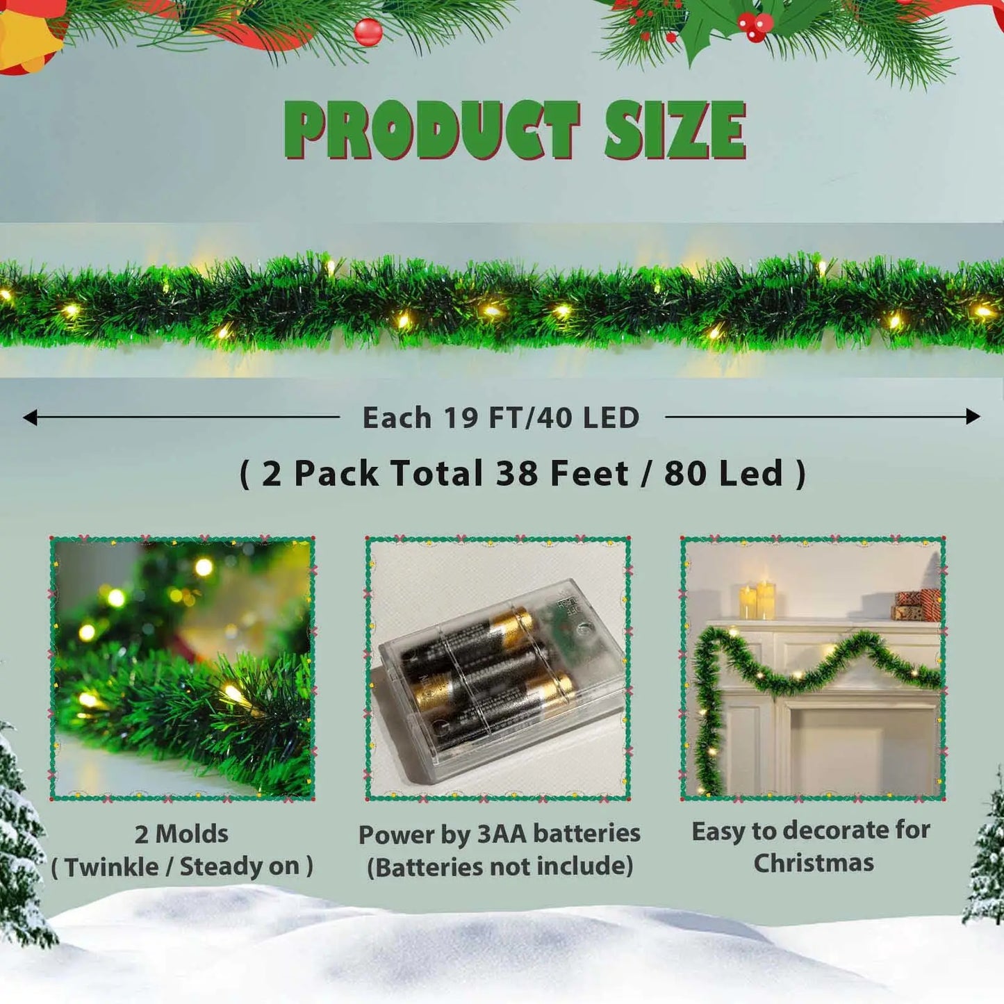2.7M Christmas Rattan Garland – Wreath for Xmas Tree, Fireplaces, Stairs & Front Door Decoration