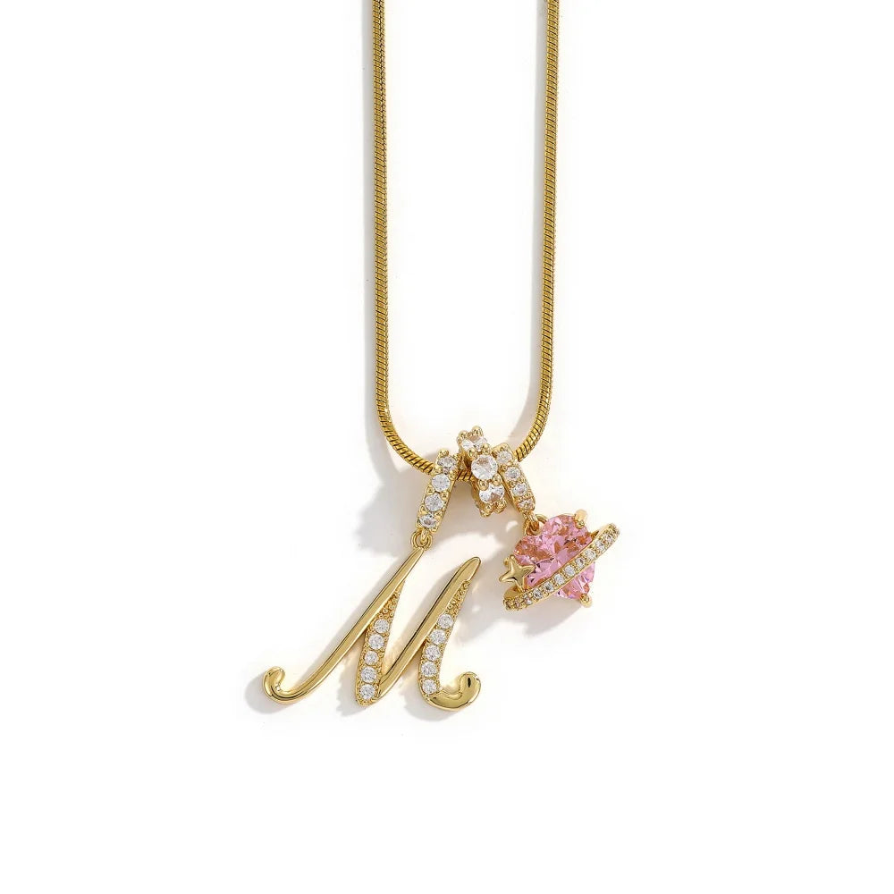 Gold Zircon Flower Letter Necklace - A-Z Alphabet Pendant Jewelry Gift for Women
