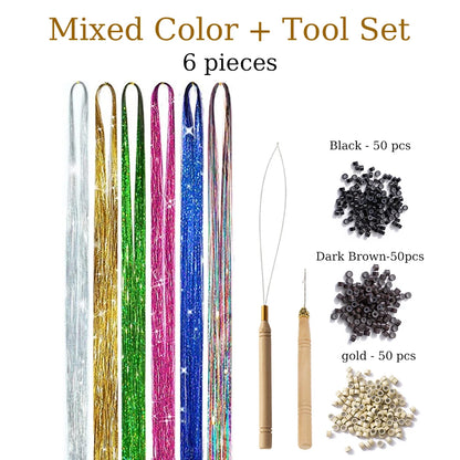 48-Inch Hair Tinsel Kit – 1200 Strands, 12 Colors Sparkling Fairy Hair Extensions with Tool