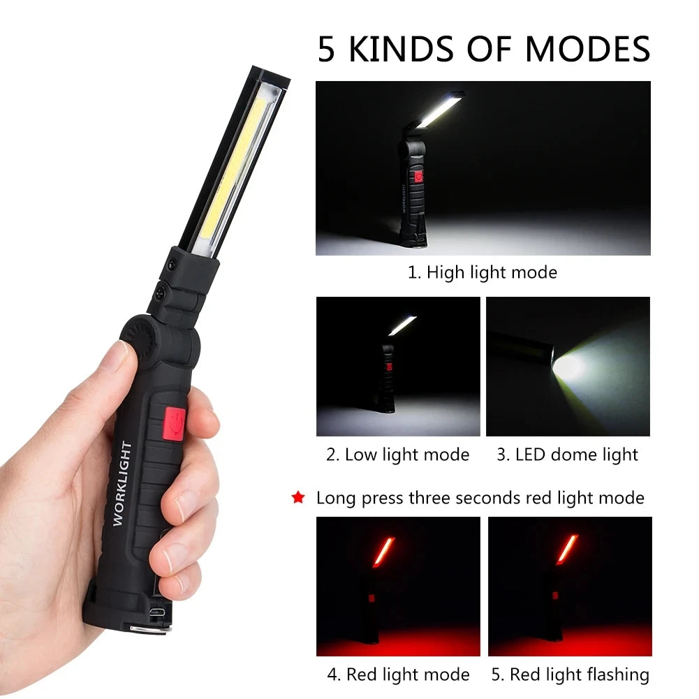 USB Rechargeable Camping LED Flashlight Work Light: IP64 Waterproof, 5 Lighting Modes - with Magnet and Hook, Suitable for Night Work