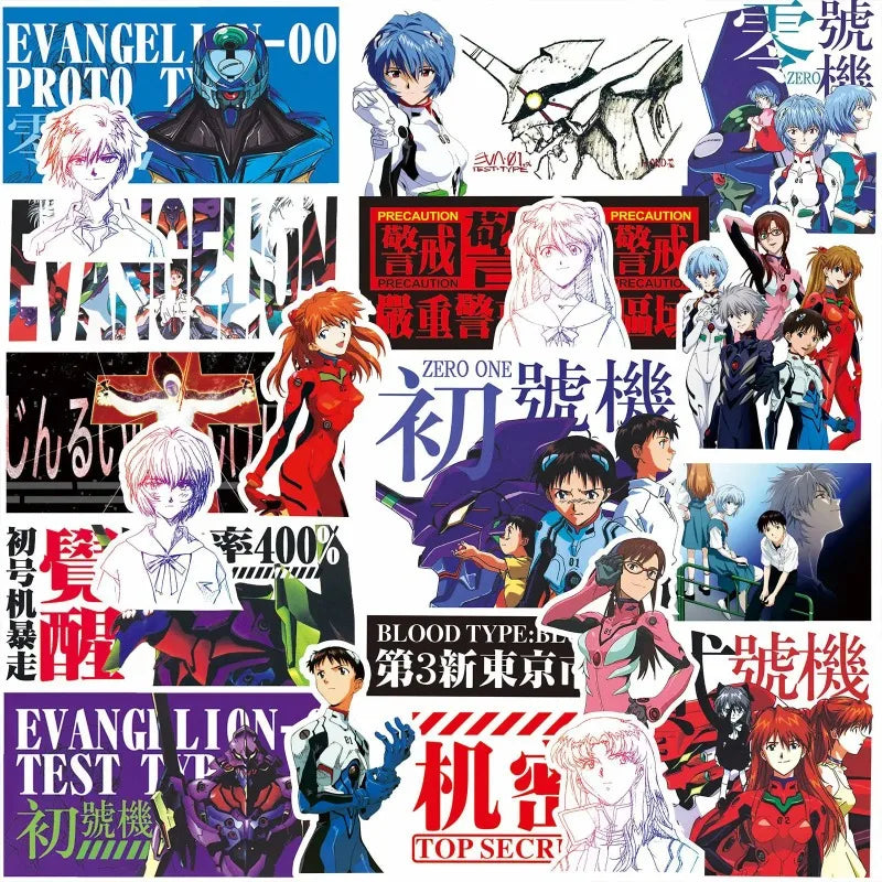 70/75-Piece Neon Genesis Evangelion Sticker Set - Black & White Sketch Anime Decals for Notebooks, Skateboards & Bikes